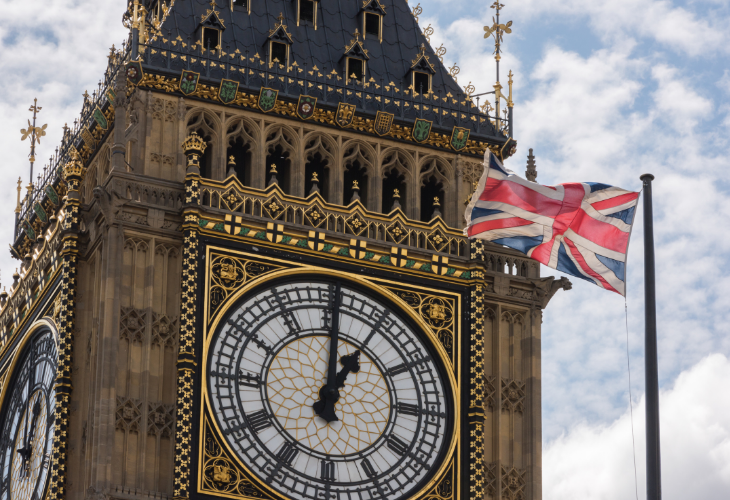 Big Ben with a British flag