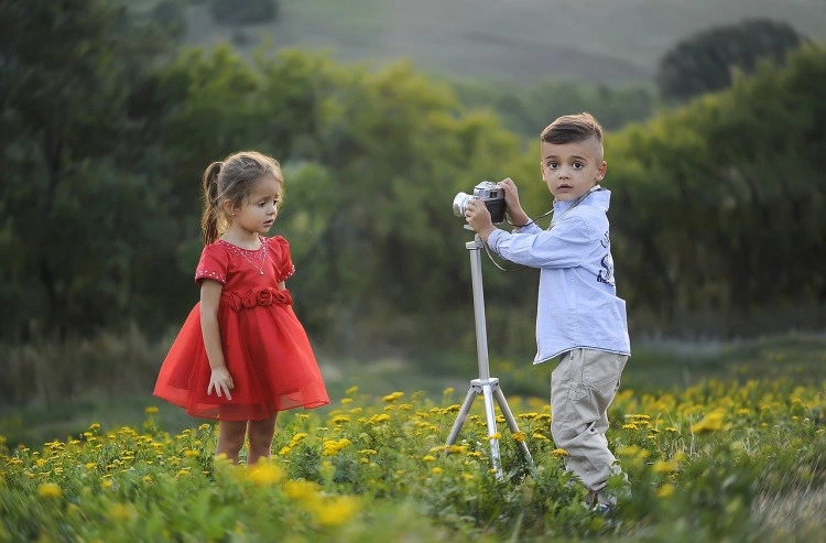 Des enfants prennent des photos dans un champ de marguerites