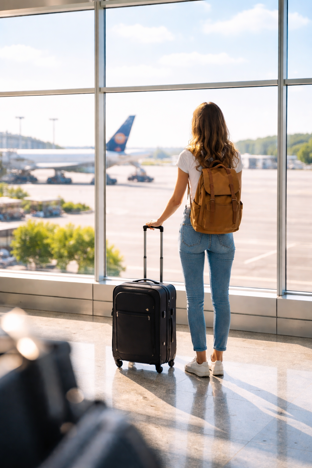 Mujer joven con mochila y maleta de cabina de pie frente a una gran ventana en un aeropuerto, observando la pista en un día soleado, con luz natural brillante y fondo desenfocado.