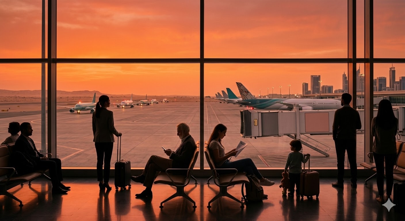 Vista panorâmica ao pôr do sol cor de laranja intenso desde um terminal de aeroporto no Médio Oriente com aviões na pista e silhuetas de viajantes, incluindo mulheres e uma criança, à espera.