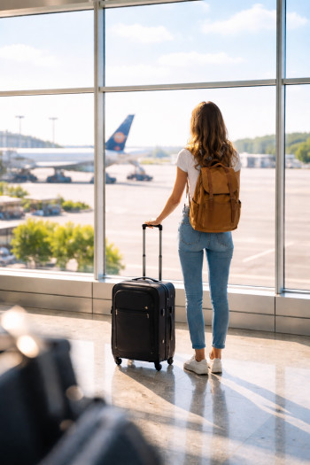 Young woman with a backpack and carry-on suitcase standing in front of a large airport window, looking out at the runway on a sunny day, with bright natural light and a blurred background.