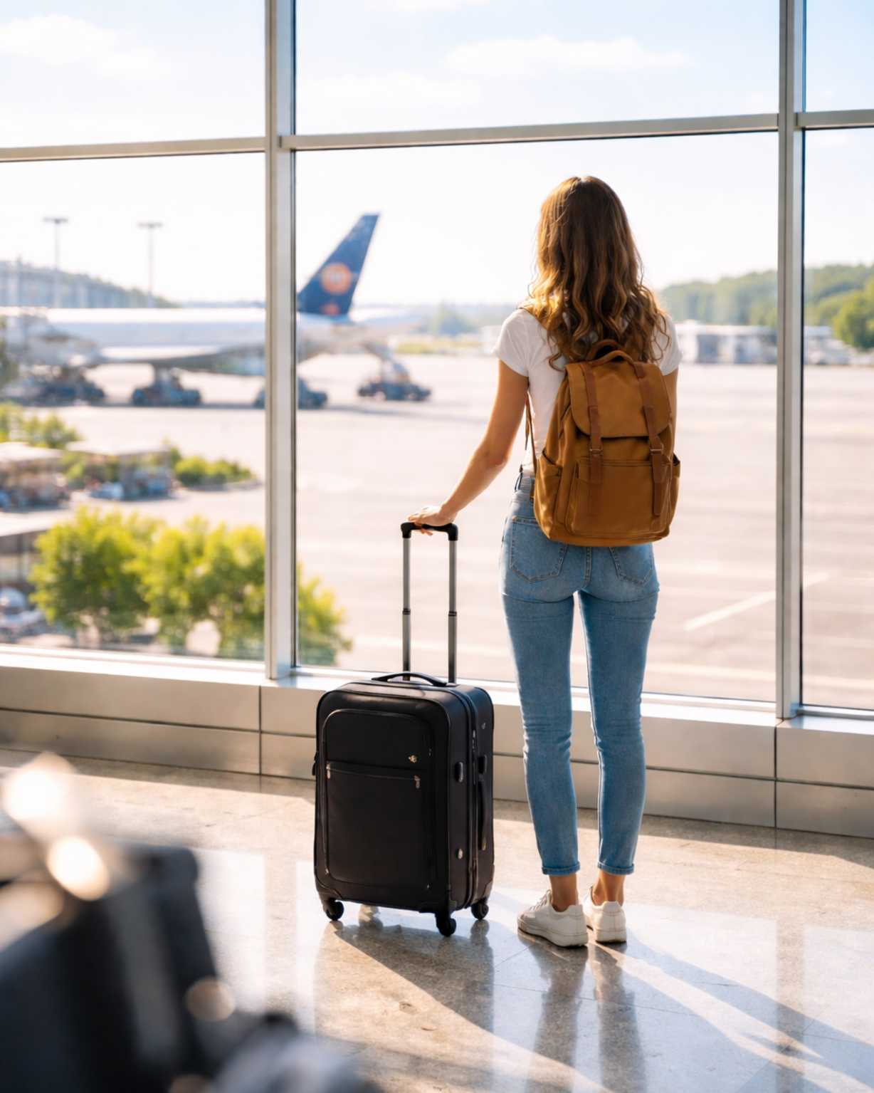 Mujer joven con mochila y maleta de cabina de pie frente a una gran ventana en un aeropuerto, observando la pista en un día soleado, con luz natural brillante y fondo desenfocado.