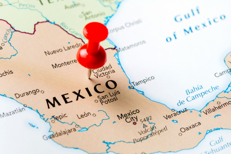 Mapa do México com um alfinete vermelho a indicar a localização do país