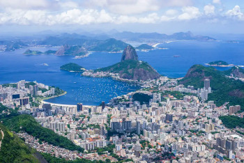 Aerial view of Rio de Janeiro with Sugarloaf Mountain, Guanabara Bay, and the Botafogo neighborhood in the background