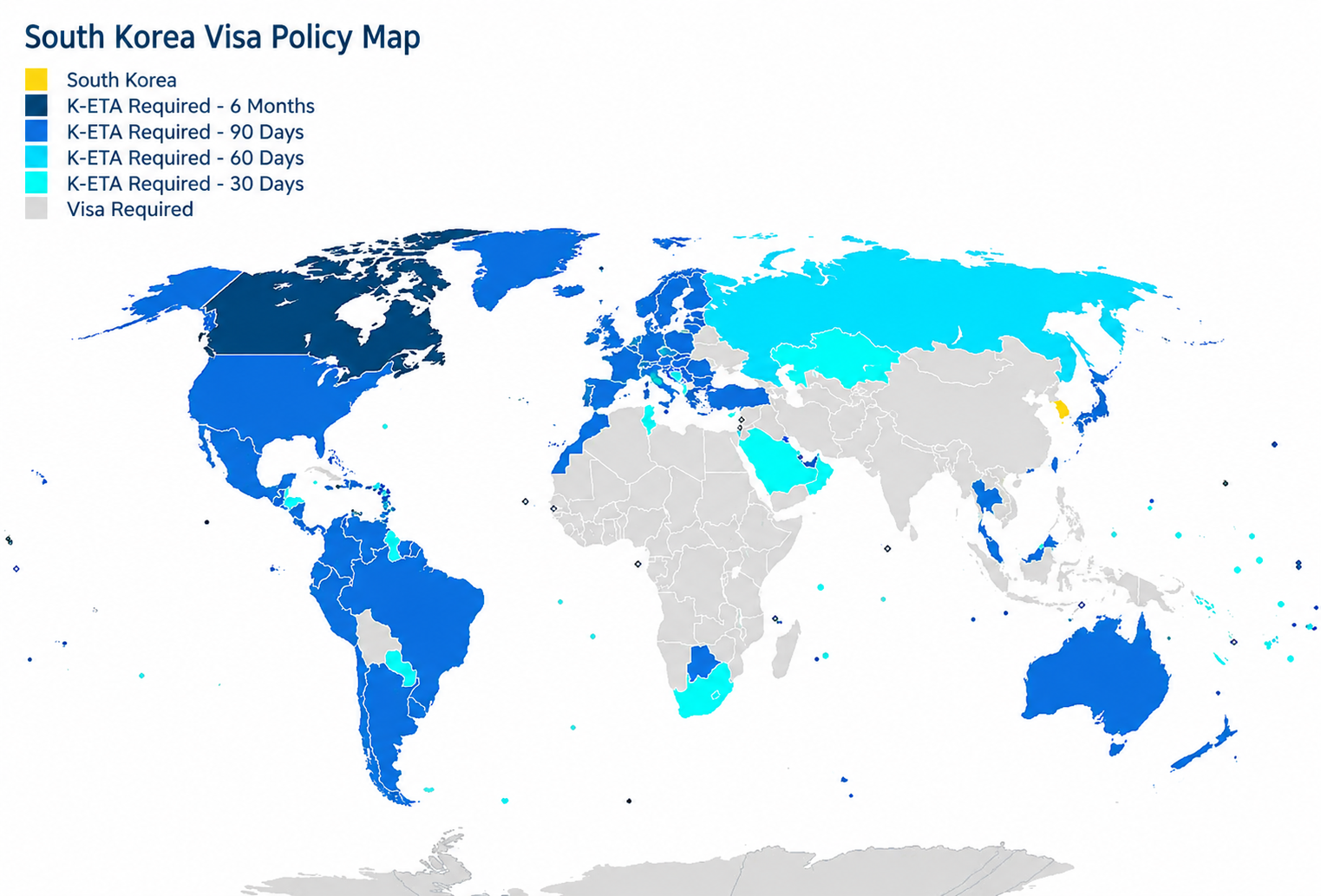 South Korea Visa Policy Map World map of South Korea’s K-ETA and visa requirements.